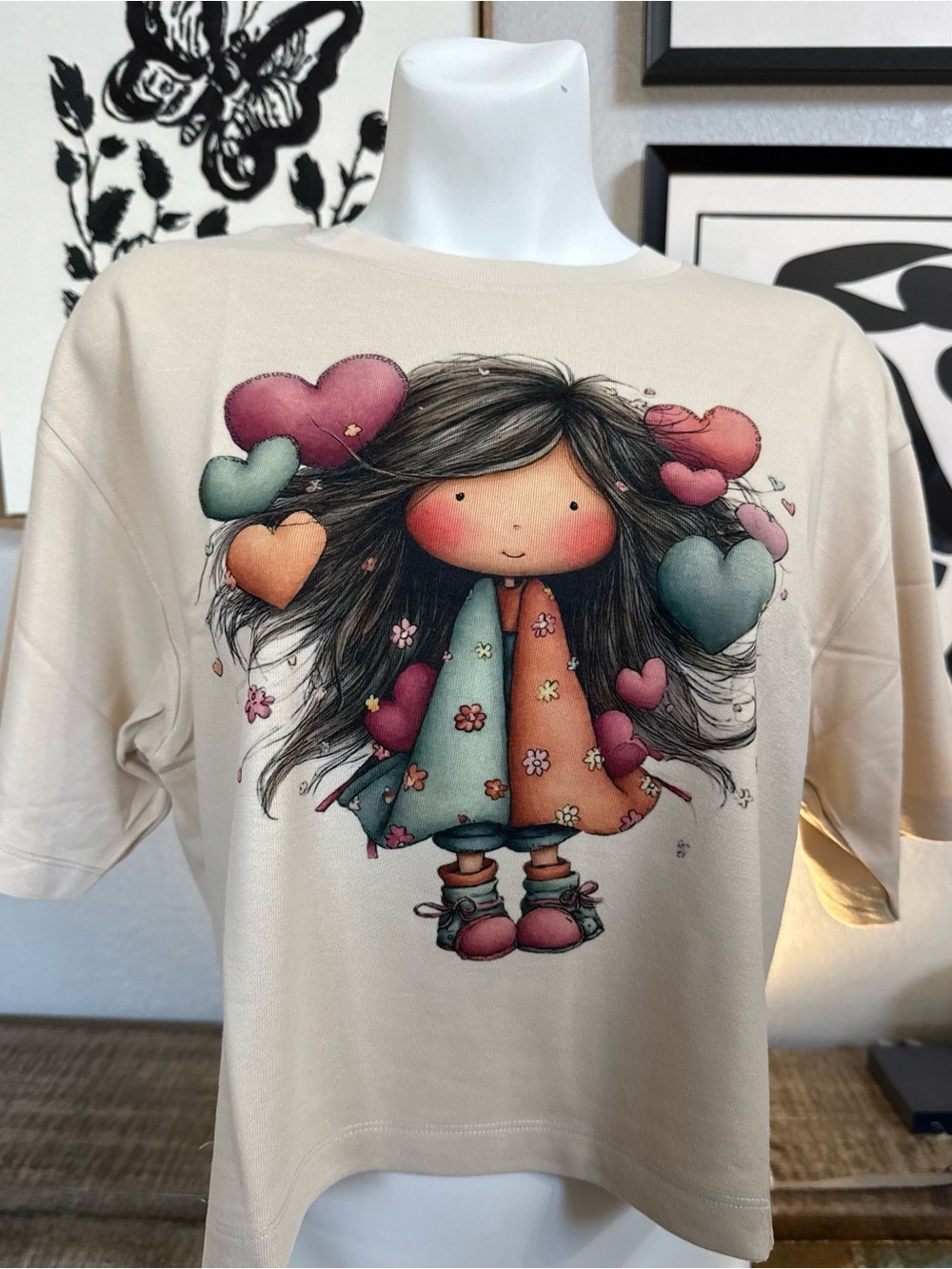 Cream  Graphic Tee with Heart Doll Print
